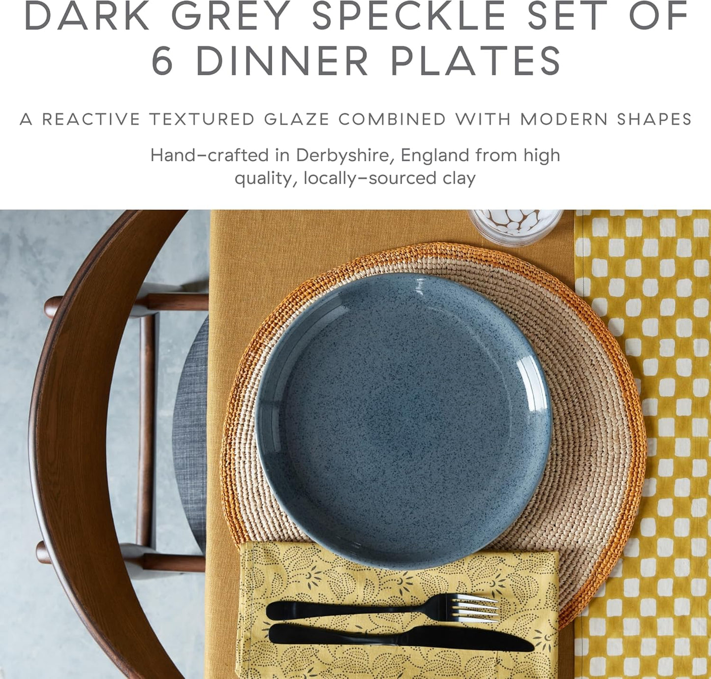 Denby - Dark Gray Speckle Dinner Plates Set of 6 - Gray Reactive Glaze, Patterned - Dishwasher, Microwave Safe Crockery 10.25" - Ceramic Stoneware Tableware - Chip & Crack Resistant