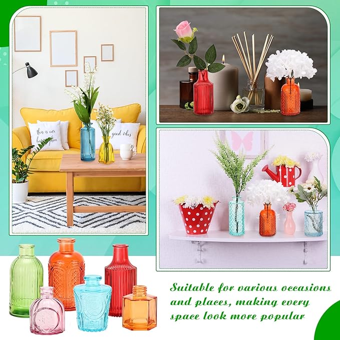 Yaomiao 30 Pcs Vases Bulk Colored Flower Glass Vases Bud Vintage Colored Glass Bottles Colorful Rustic Embossed for Home Wedding Table Decorations Gifts(Bright Color)