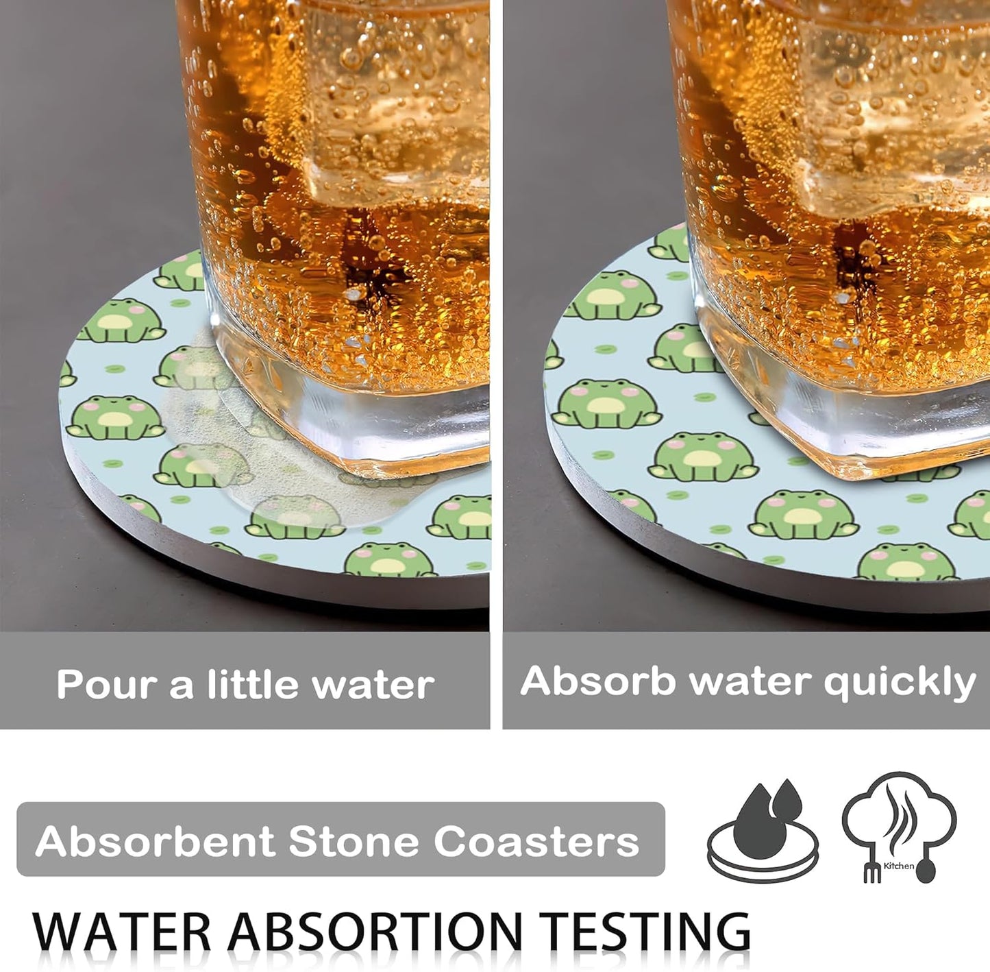 Drink Coasters for Drinks Set of 6,Cute Frog Absorbent Round Ceramic Stone Mat Coaster, with Cork Base and Metal Holder, Home Bar Decor House Warming Gift