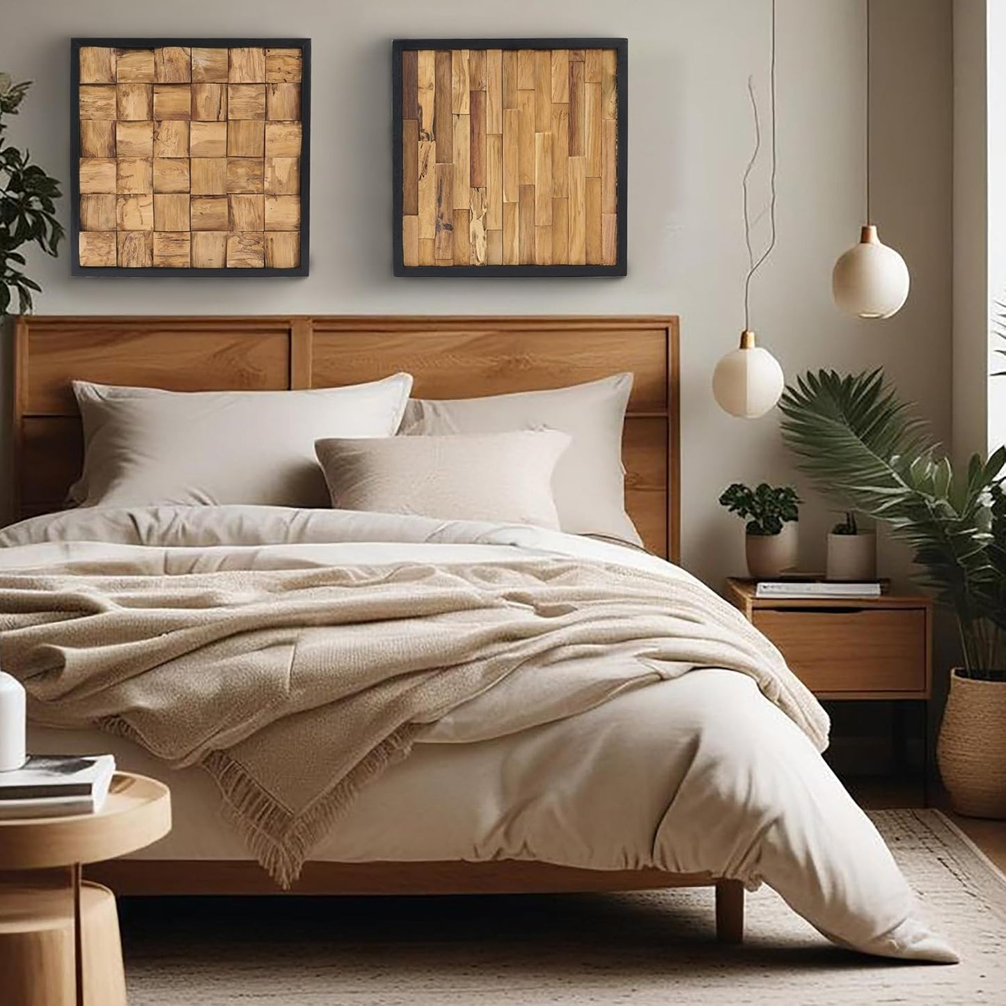 Greenage Teak Wood Wall Decor 16.9"x16.9" Farmhouse Slender Strip Pattern Rustic Natural Wood Wall Art Hanging Decoration Textured Wooden Frame Wall Panel for Home Living Room Bedroom