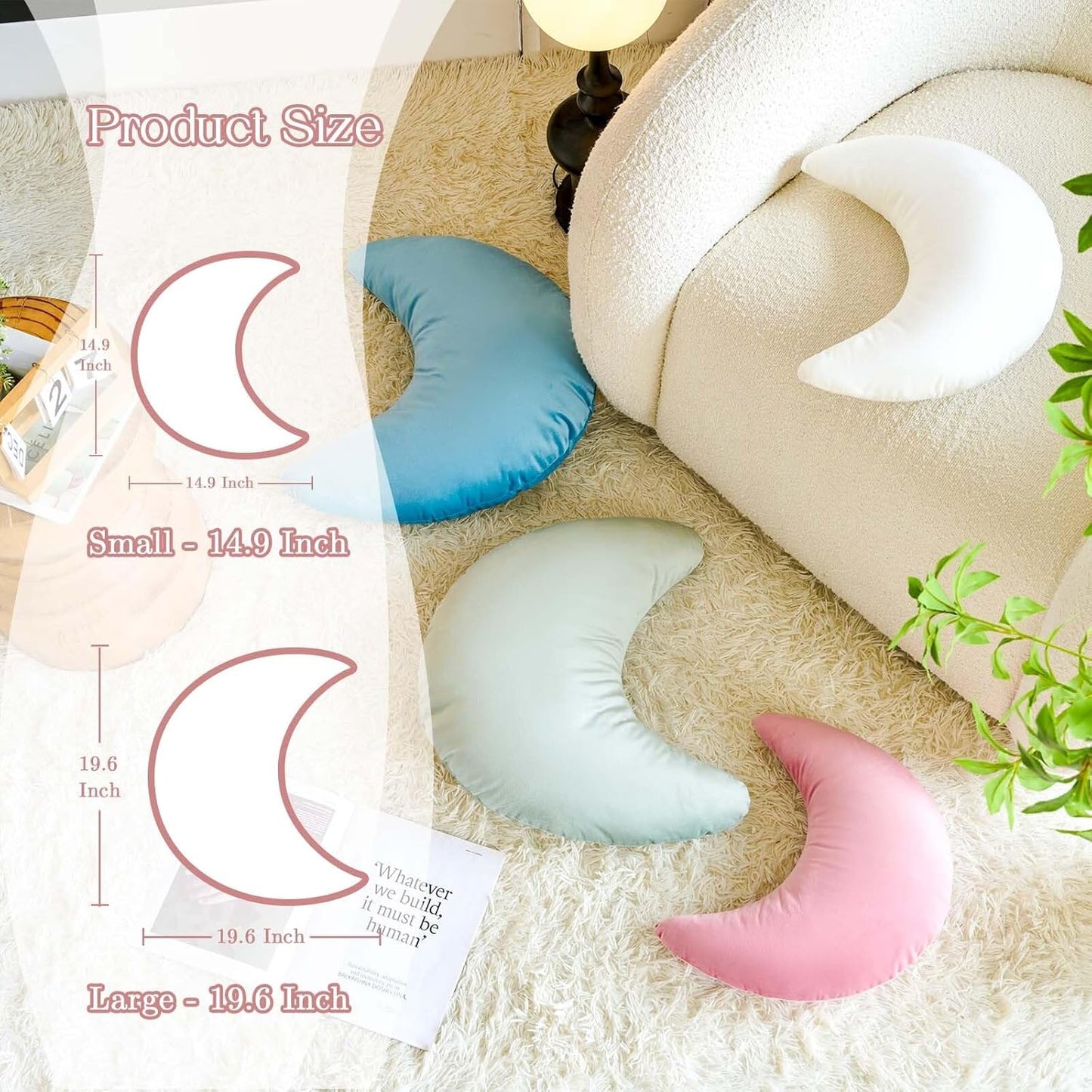 Dusty Blue Moon Pillow, 19.6" Cute Soft Velvet Half Moon Shape Plush Decorative Throw Pillows Cushions Room Decor for Couch Bedroom Living Room