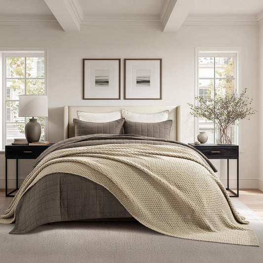 EVERGRACEHOME Chunky Chenille Knit Throw Blanket for Couch, Soft Luxurious Oversized Queen Moss Stitch Blanket for Bed, Large Cozy Farmhouse Knitted Throw for Sofa, Sand Dune, 90" x 90"