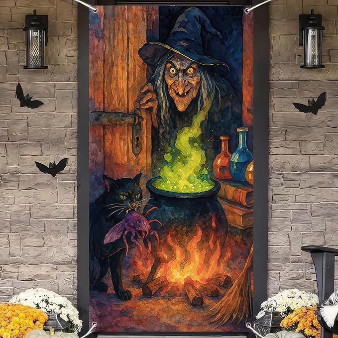 Witch Cauldron Door Cover Halloween Decorations 35x71 Inch Door Banner with Black Cat and Potion Green Fire Spooky Decor for Haunted House Party Indoor Wall Scene