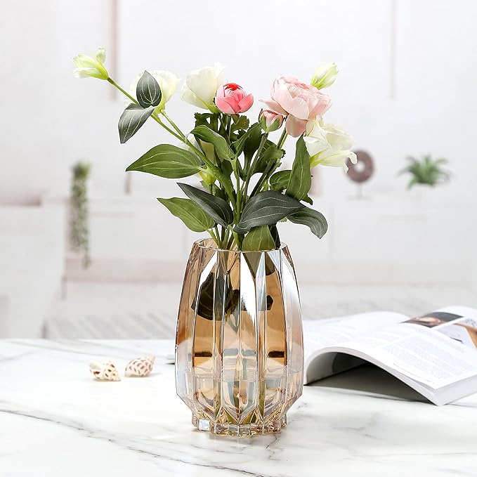 Amber Glass Vase Modern Ribbed Glass Vase for Flowers, Candles, and Decorative Accents - Tall/Short Glass Vase for Centerpieces Home Table Decor(Amber H7.87inch)