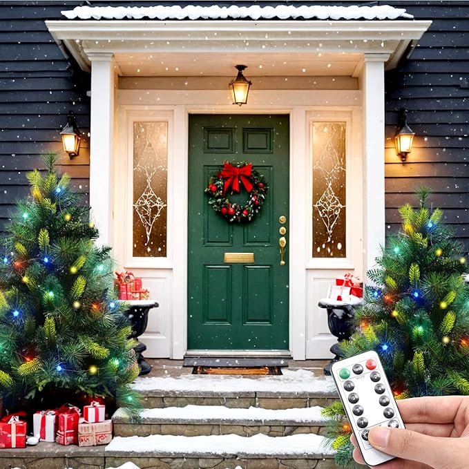 2 Pack 3.5 FT Artificial PE Fraser Fir Christmas Entrance Tree with 50 Multi Color Change Light 8 Mode Remote Control Realistic-Feel Xmas Tree Decor Battery Operated for Porch Front Door Home