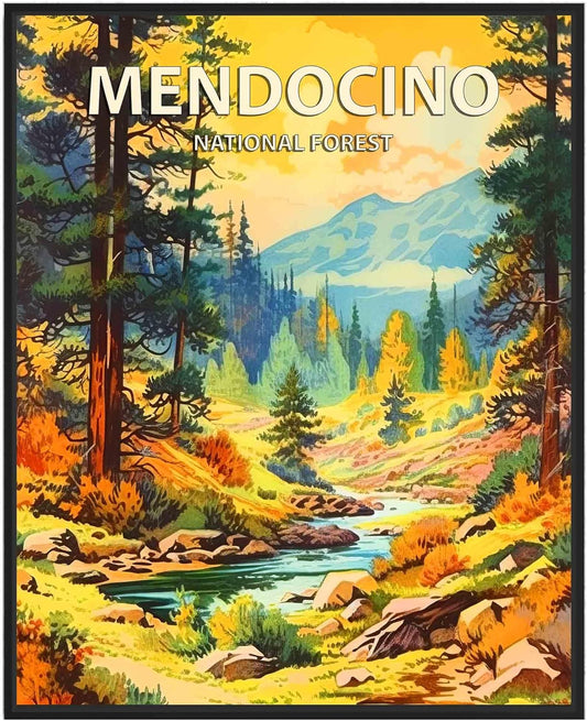 Mendocino National Forest Poster Art Print Retro Mountain Wall Art Poster Vintage Decor Nature Recreation Wilderness Wildlife Decoration, Outdoor Adventure Scenic Beauty Artwork. (Mendocino National