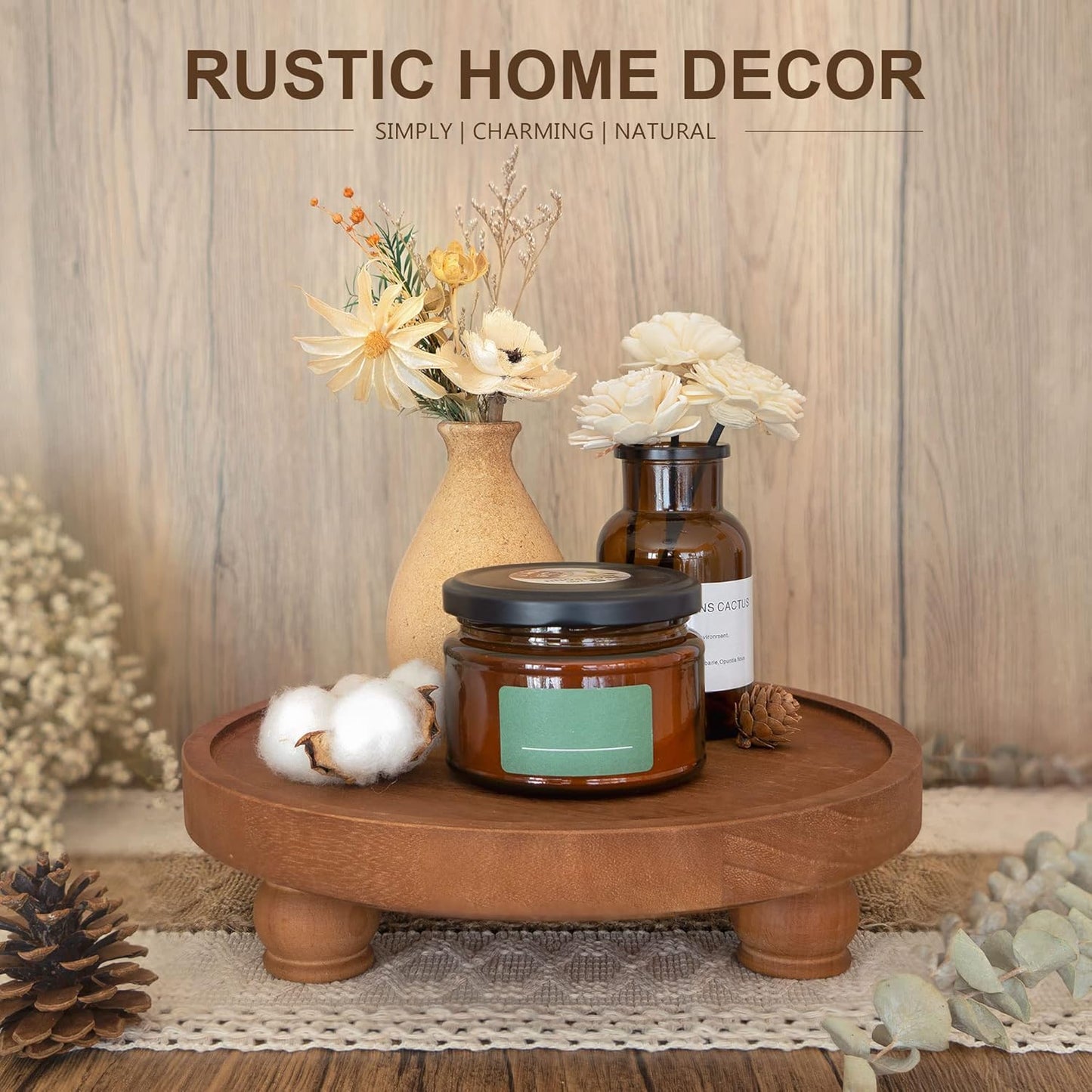 EOSAHR Farmhouse Wood Risers for Bathroom Decor - Decorative Pedestal Tray for Your Kitchen and Home - Rustic Round Waterproof Display Stand Organize for Your Soap, Plants, Jewelry, Perfume(Brown)