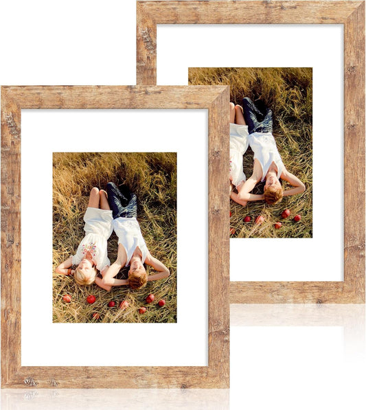 iRahmen 9x12 Picture Frame Set of 2, Rustic Brown Wood Frame with Tempered Glass, Display Pictures 6x8 with Mat or 9 x 12 without Mat for Horizontal or Vertical Tabletop and Wall Mounting
