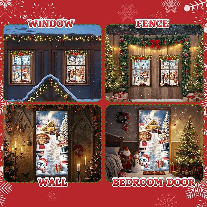 Tioncy 3 Pcs Merry Christmas Door Decorations Set 71" x 35" Christmas Door Cover 47" x 32" Window Cover Santa Claus Snowman Winter Reindeer Pattern Porch Banner Indoor Outdoor Themed Decoration