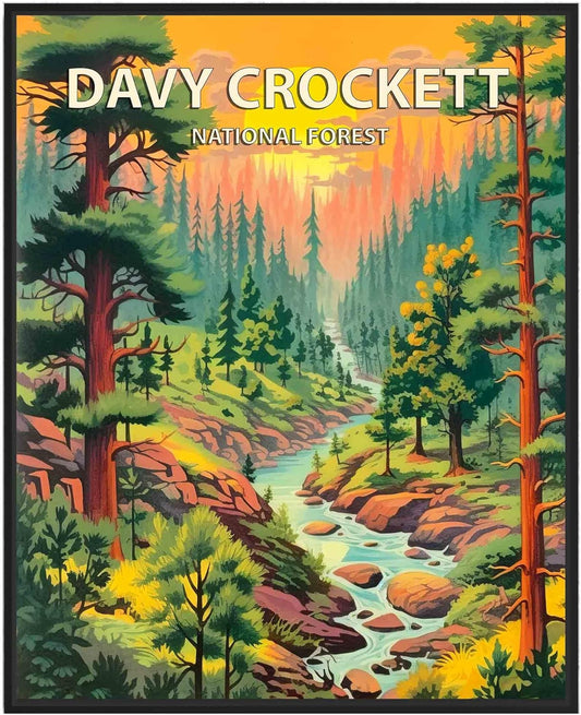 Davy Crockett National Forest Poster Art Print Retro Mountain Wall Art Poster Vintage Decor Nature Recreation Wilderness Wildlife Decoration, Outdoor Adventure Scenic Beauty Artwork. (Davy Crockett
