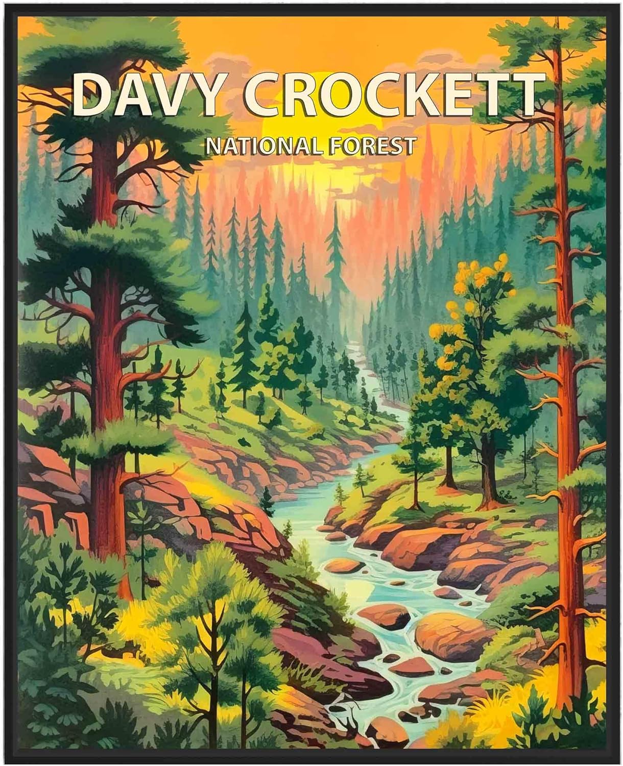 Davy Crockett National Forest Poster Art Print Retro Mountain Wall Art Poster Vintage Decor Nature Recreation Wilderness Wildlife Decoration, Outdoor Adventure Scenic Beauty Artwork. (Davy Crockett
