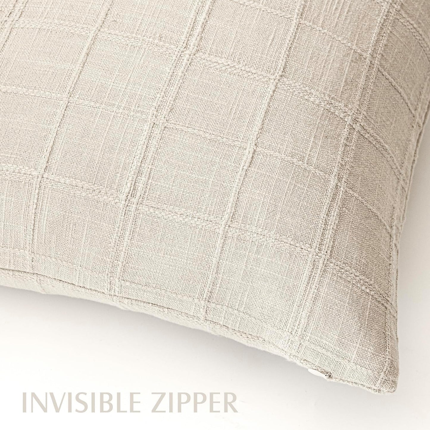 Foindtower Set of 2 Decorative Linen Check Throw Pillow Covers Neutral Farmhouse Vintage Cushion Covers Modern Boho Home Decor for Sofa Chair Couch Bedroom Living Room,26×26 Inch,Natural Beige