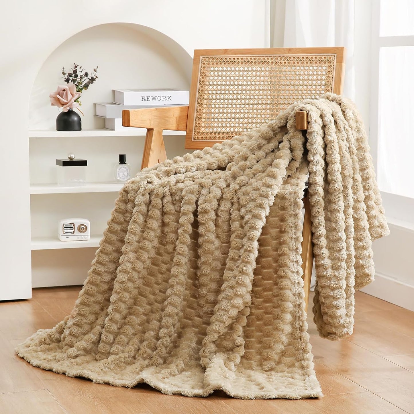Beige Throw Blanket 50"×60" inches Fuzzy 3D Jacquard Decorative Flannel Fleece Super Soft Plush Cozy Blanket for Couch Sofa Chair Lightweight,Khaki