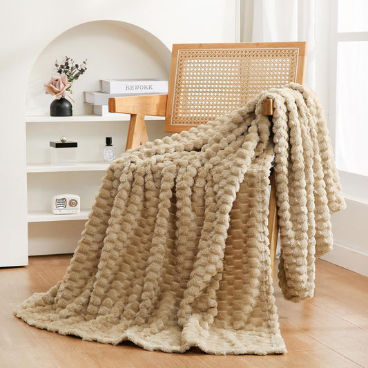Beige Throw Blanket 50"×60" inches Fuzzy 3D Jacquard Decorative Flannel Fleece Super Soft Plush Cozy Blanket for Couch Sofa Chair Lightweight,Khaki