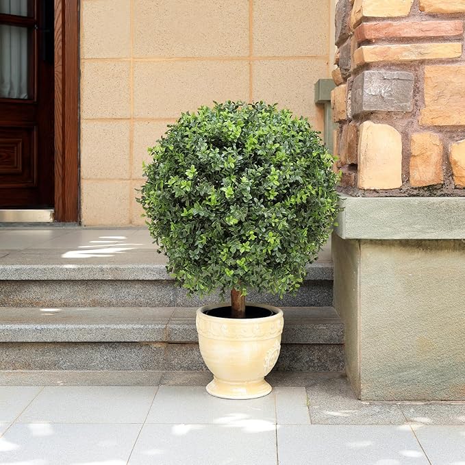 26 Inch Artificial Topiary Boxwood Ball Trees Outdoor – Set of 2 UV Resistant Faux Boxwood Topiary, Fake Potted Shrubs Evergreen for Front Door Porch Patio Balcony Home Decoration