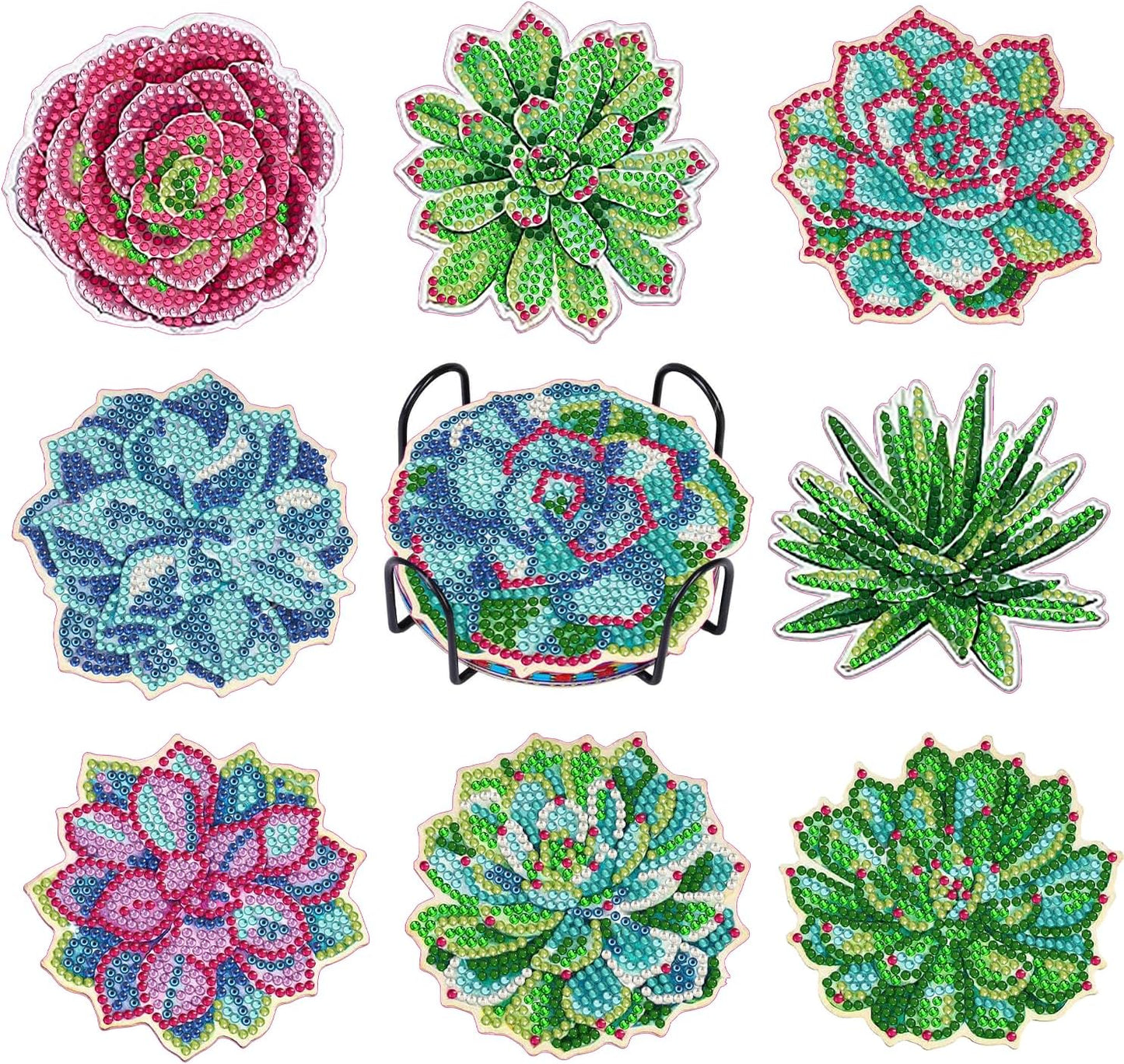 DOZEEZOP 8 PCS Diamond Art Coasters Kit, Diamond Painting Coasters with Holder, Fall Diamond Art Kits for Adults Beginners, Arts and Crafts Supplies Party Item Sets Succulence