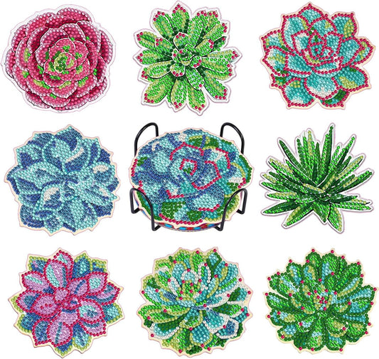 DOZEEZOP 8 PCS Diamond Art Coasters Kit, Diamond Painting Coasters with Holder, Fall Diamond Art Kits for Adults Beginners, Arts and Crafts Supplies Party Item Sets Succulence
