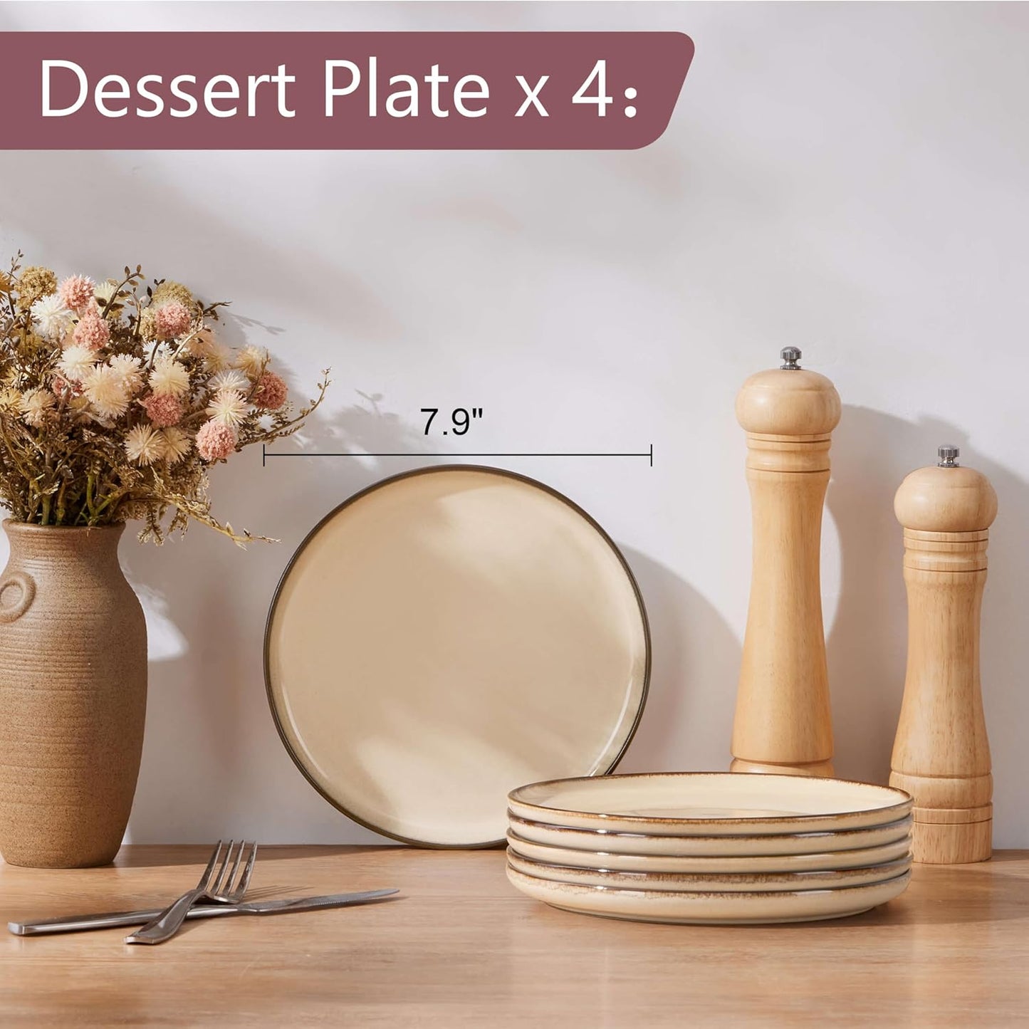 Herogo Ceramic 7.9 Inch Dinner Dessert Plates Set of 4, Small Stoneware Dinnerware Plate Set, Double Reactive Glaze Large Dinnerware Plates for Kitchen, Microwave, Oven & Dishwasher Safe, Cream Khaki