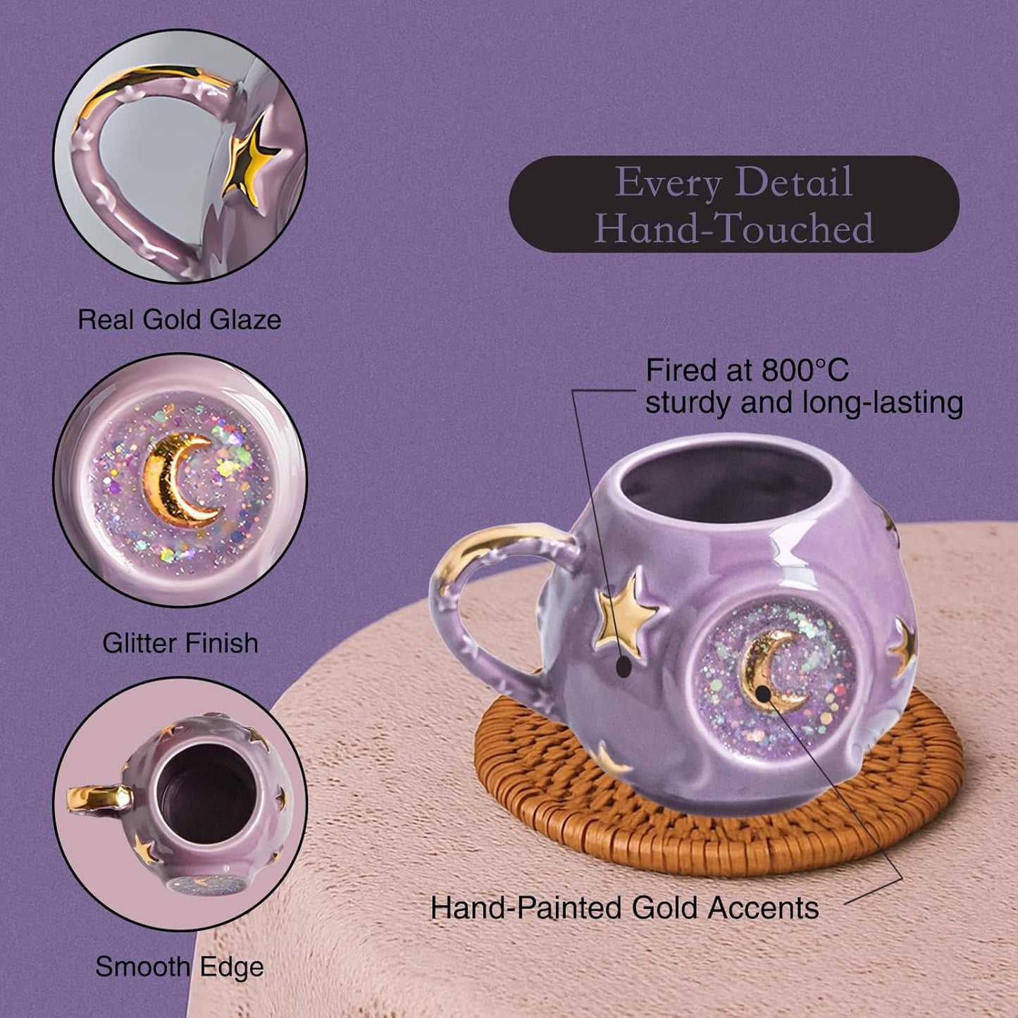 Handmade Coffee Cup 400ML with Fancy Tarot Star/Moon Design, Fashion Starry Sky Ice Coffee Cup, Gradient Pink Pottery Tea Cup for Home/Office (purple)