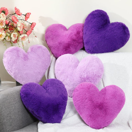 Liliful 6 Pcs Faux Rabbit Fur Heart Pillows Helloween Fluffy Heart Throw Pillows Christmas Cute Couch Cushion Soft Decorative Throw Cushion for Bed Sofa Girls Women(12 x 11 Inch,Purple Color)