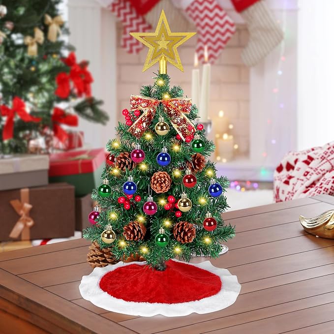24 Inch Small Tabletop Christmas Tree with Tree Skirt, Christmas Pine Tree with 50 LED Lights, Star Treetop and Ornaments, Artificial Mini Christmas Tree Home Table Christmas Decorations
