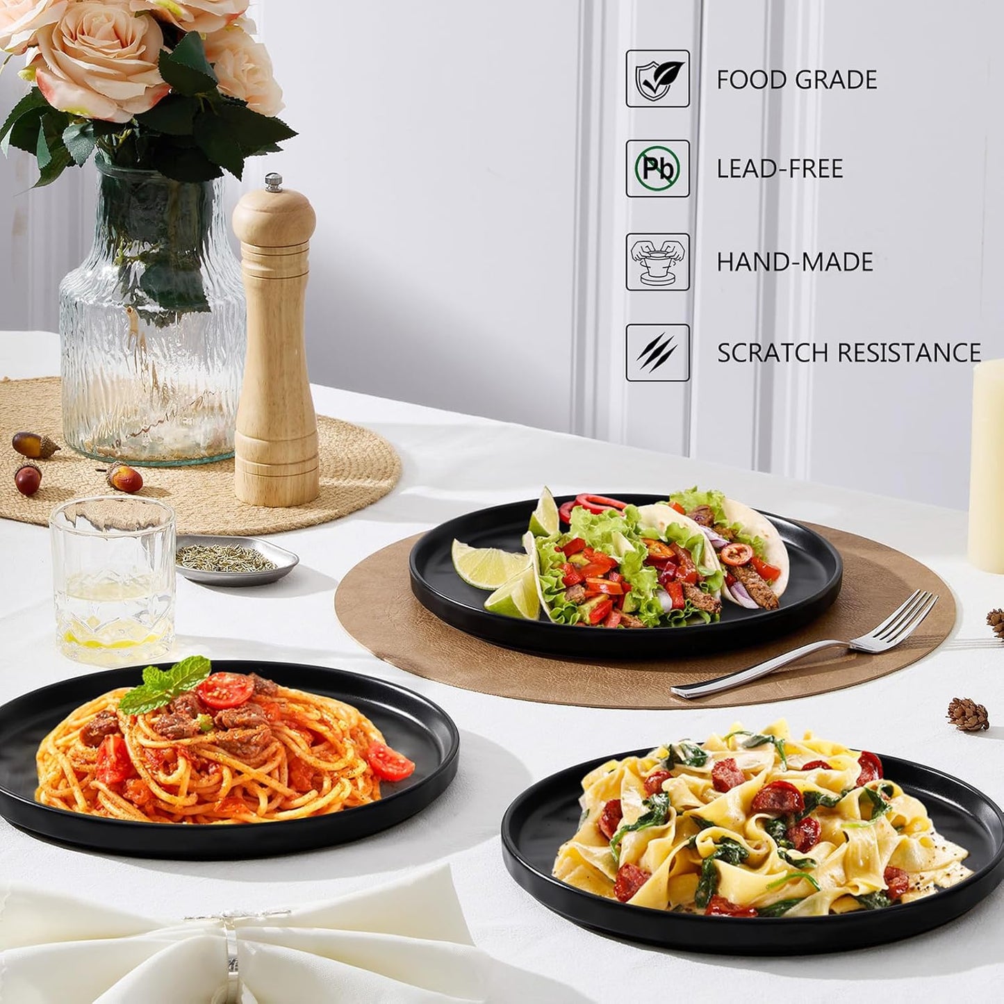 LIANYU Ceramic Dessert Plates Set of 6, 7.9 Inch Dinner Appetizer Plates for Kitchen & Dining, Porcelain Serving Round Plate for Cake, Bread, Salad, Snack, Microwave & Dishwasher Safe, Obsidian Black