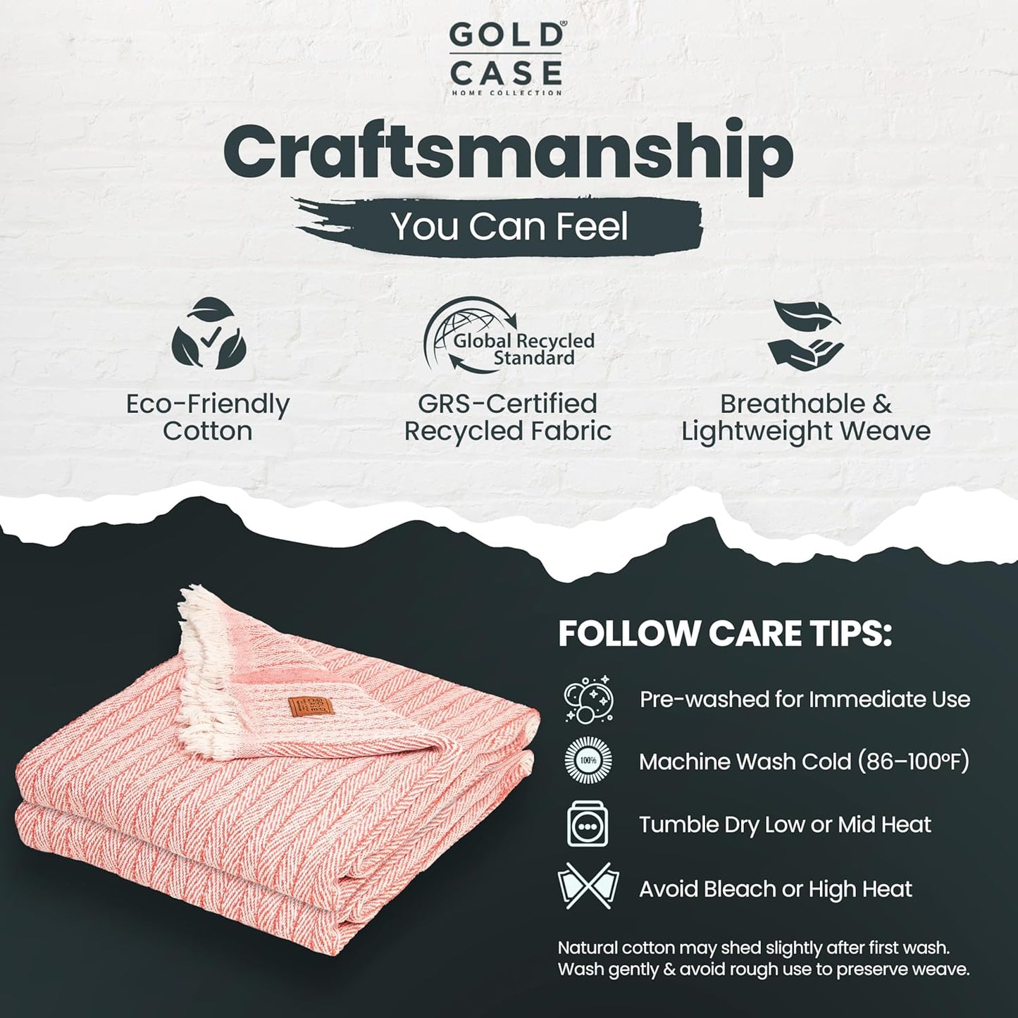 Gold Case Throw Blanket for Couch - 100% Recycled Turkish Cotton Blankets & Throws - Vintage Soft Throw Blankets for Living Room - Boho Decorative Woven Couch Blanket - 50x60 - Orange (Set of 2)