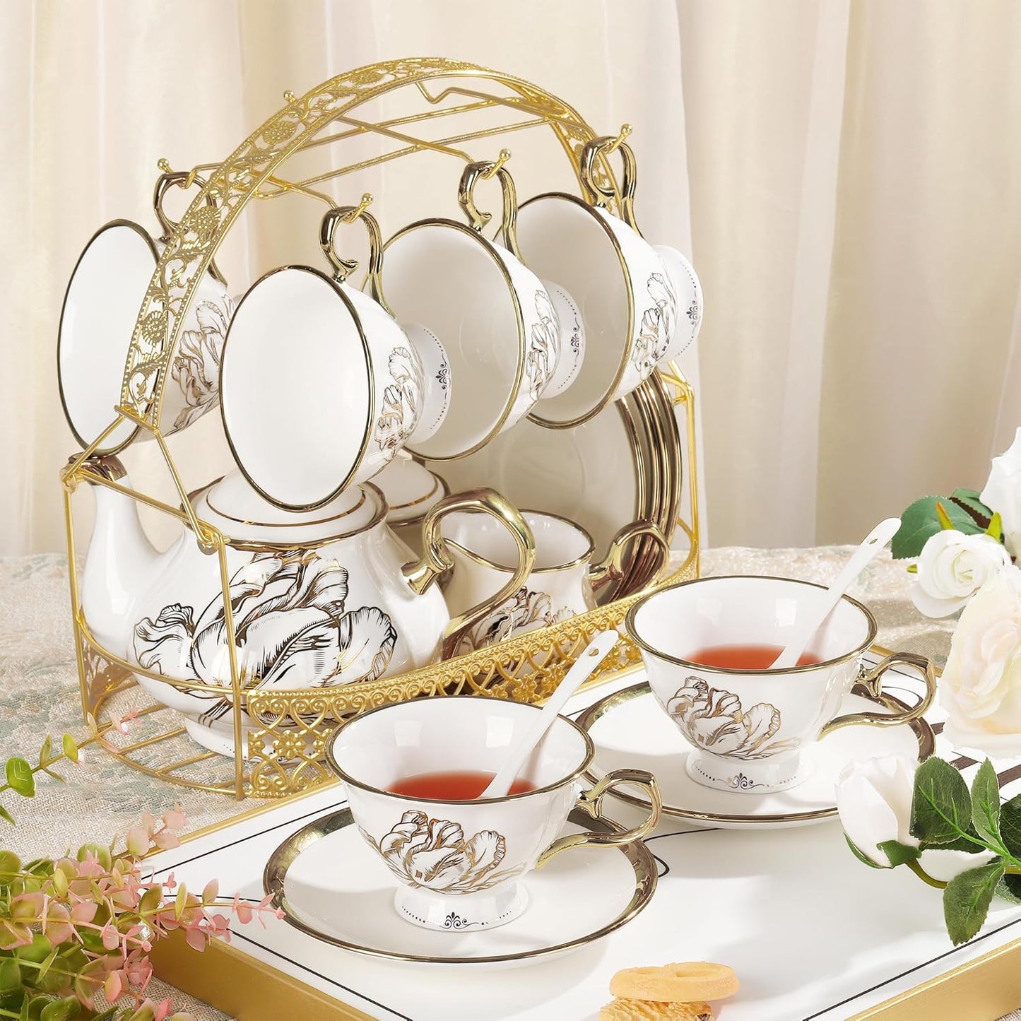 fanquare British Porcelain Tea Coffee Set 22 Piece New Bone China Gold Tulip Tea Service for Afternoon Tea, 6 TeaCup and Saucers with Metal Holder for Home Wedding Birthday