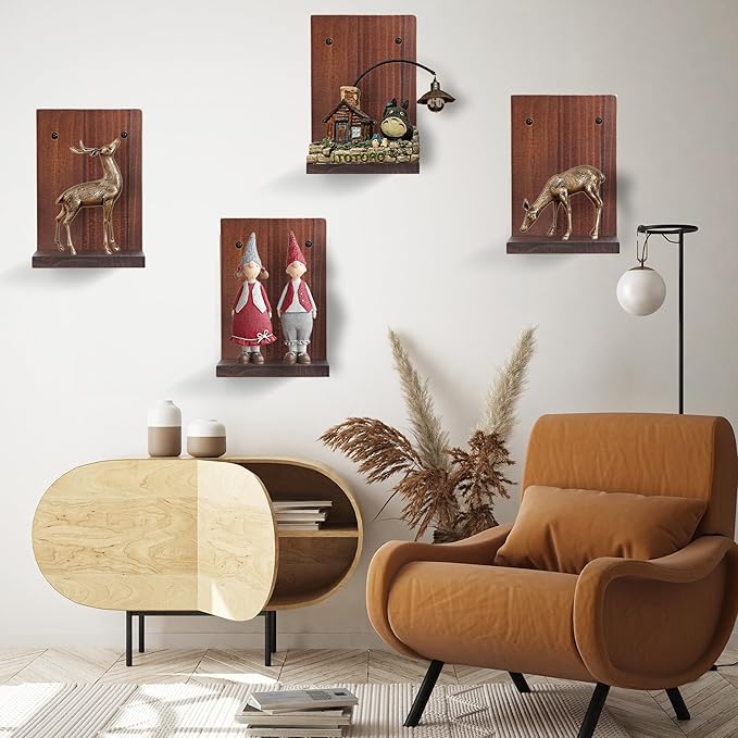 Small Wall Shelf Modern,Wooden Mini Floating Shelves,Indoor Wall Mounted Plants Shelf L Shaped,Midcentury Display Decorative Holder for Gallery Living Room Bedroom Porch,Pine,4 Pack(Rustic Walnut)