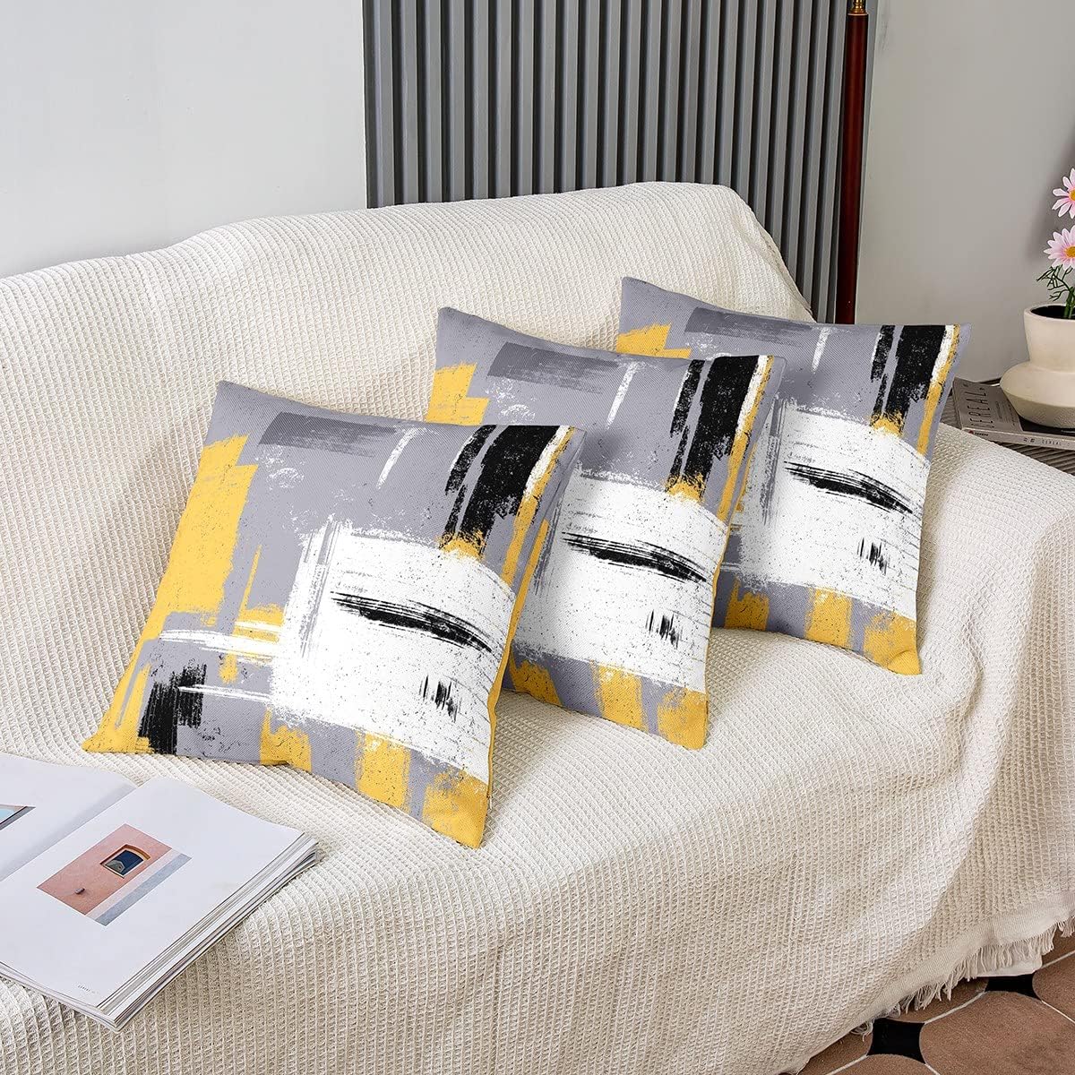 Feelyou Abstract Throw Pillow Covers for Couch Sofa Bed, Set of 2 Modern Abstract Art Decorative Pillows Cushion Covers, Yellow Grey White Pillow Inserts Not Included, 18x18 inch