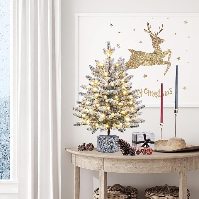 Yaheetech 2FT Pre-lit Potted Flocked Christmas Tree, Snow Frosted Mini Tabletop Artificial Christmas Tree with 35 Warm White LED Lights and 262 PE Branch Tips for Holiday Decoration