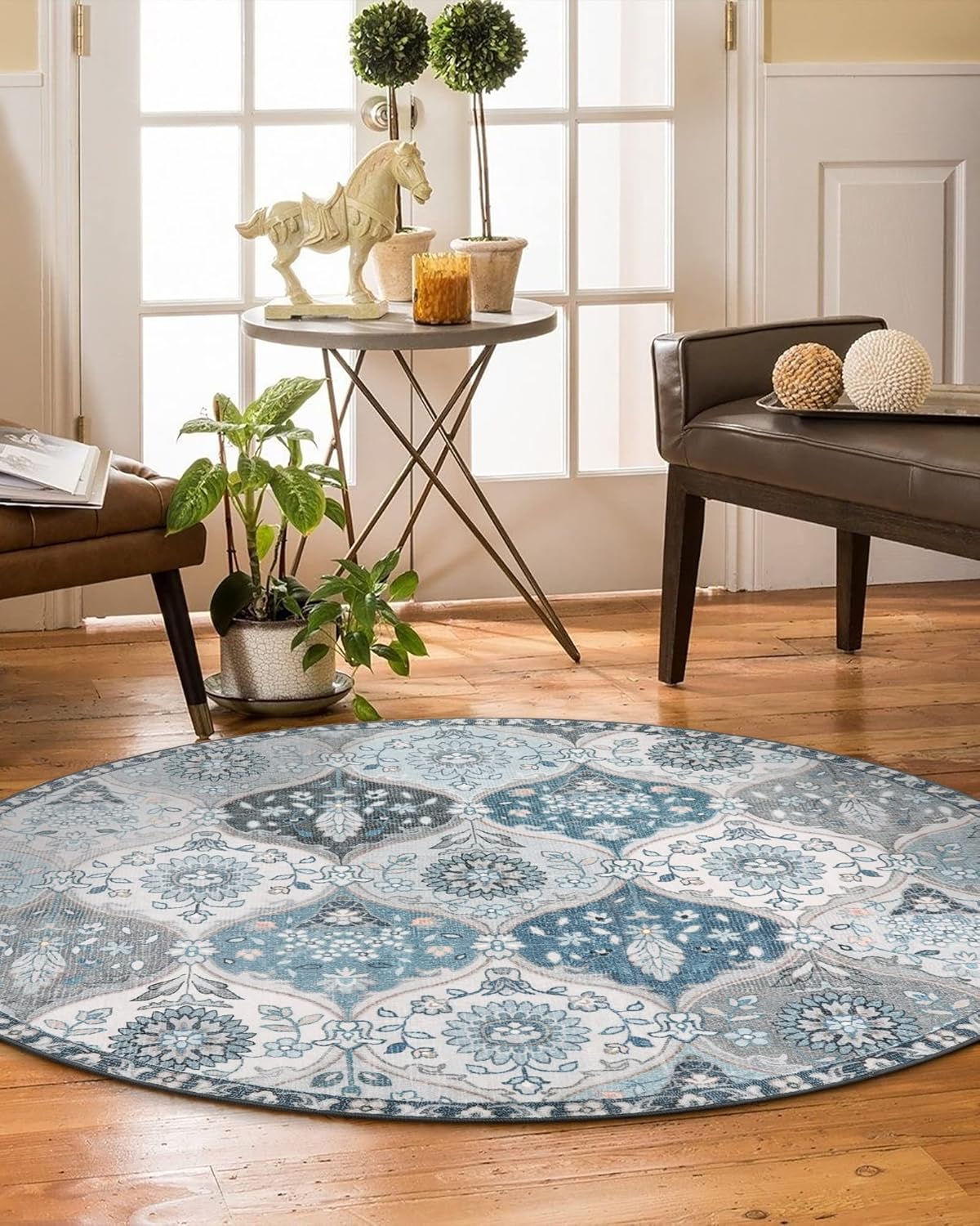 Lahome Moroccan Trellis Washable Round Rugs, Non-Slip Soft Round Rug 4ft Ultra-Thin, Small Vintage Circle Carpet for Entryway Kitchen Bedroom Nursery Bathroom, Blue