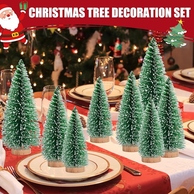 12 Pcs Mini Christmas Tree, Tabletop Christmas Tree with Wooden Bases Artificial Mini Trees with 3 Sizes Christmas Table Decor Bottle Brush Trees for Christmas Decorations (Green Snow)