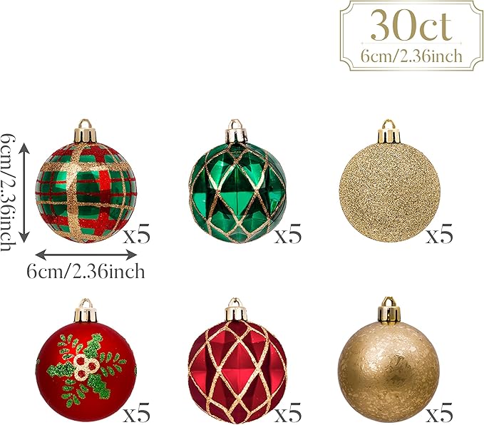 Valery Madelyn Christmas Ornaments Set, 30ct 2.36 Inches Red Green and Gold Shatterproof Christmas Tree Decorations Ball Ornaments Bulk, Traditional Country Hanging Decor for Xmas Holiday Party