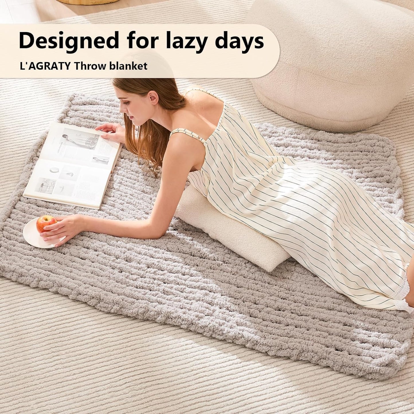 L'AGRATY Chunky Knit Blanket Throw - Soft Chenille Yarn Throw Blanket 40x50： Handmade Thick Cable Knit Crochet Blanke - Large Knit Blanket Chunky Rope Knot Throw Blanket for Couch Sofa Bed Home Decor