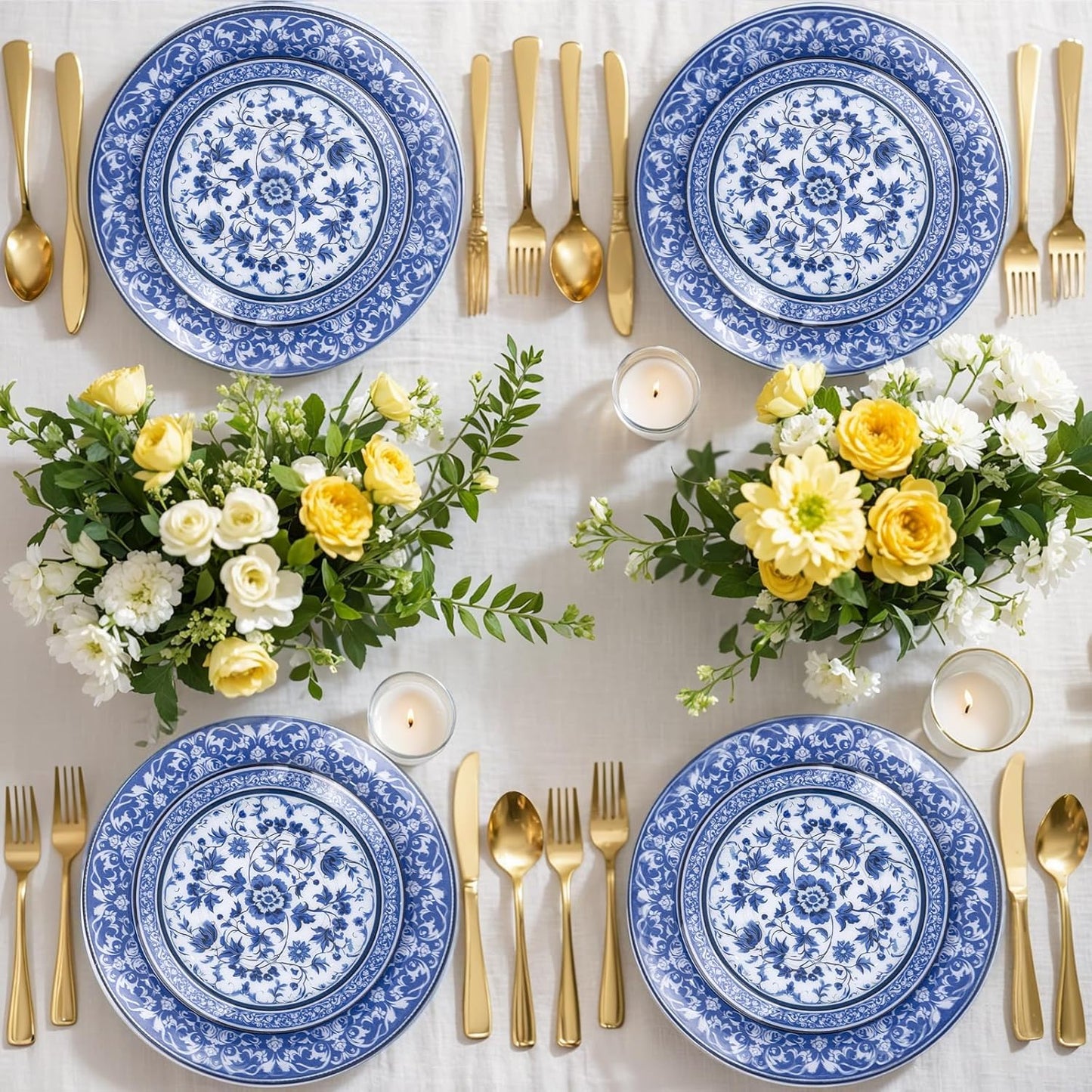 Hioasis 60pcs Blue Plastic Plates Set - Floral Blue & White Porcelain Design, 10.25" Dinner & 7.5" Dessert Plates Disposable for Wedding/Party (Dishwasher Safe, Art Style)
