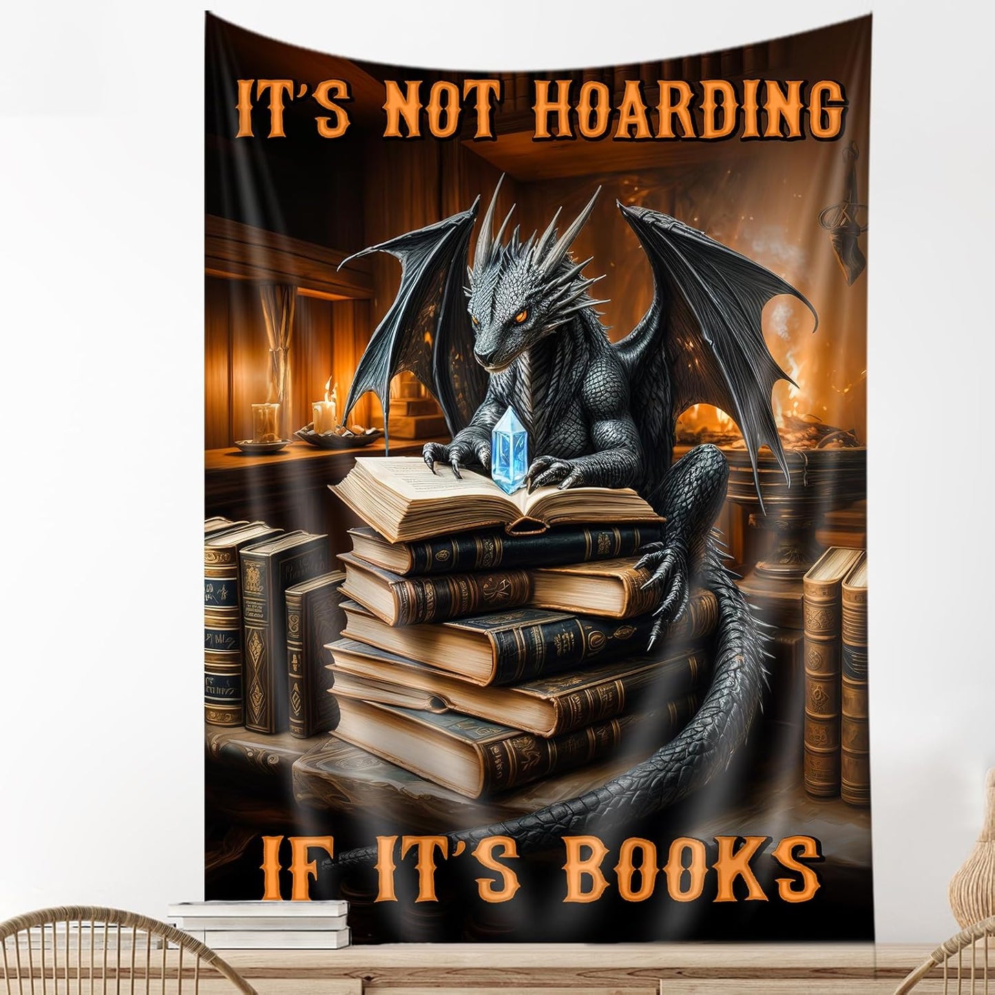 DYNH Black Book Dragon Art Tapestry,Vintage Medieval Dragon Wall Decor, It's Not Hoarding If It's Books,Wall Hanging for Book Lover Library Classroom Reading Nook Home Bedroom Living Room,60X71Inches