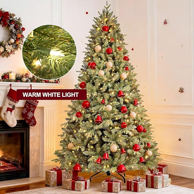 7.5 FT Prelit Christmas Tree with 550 Warm White Lights, 2359 PE&PVC Mixed Branch Tips, Hinged Premium Spruce Artificial Xmas Trees, Green, Foldable Base
