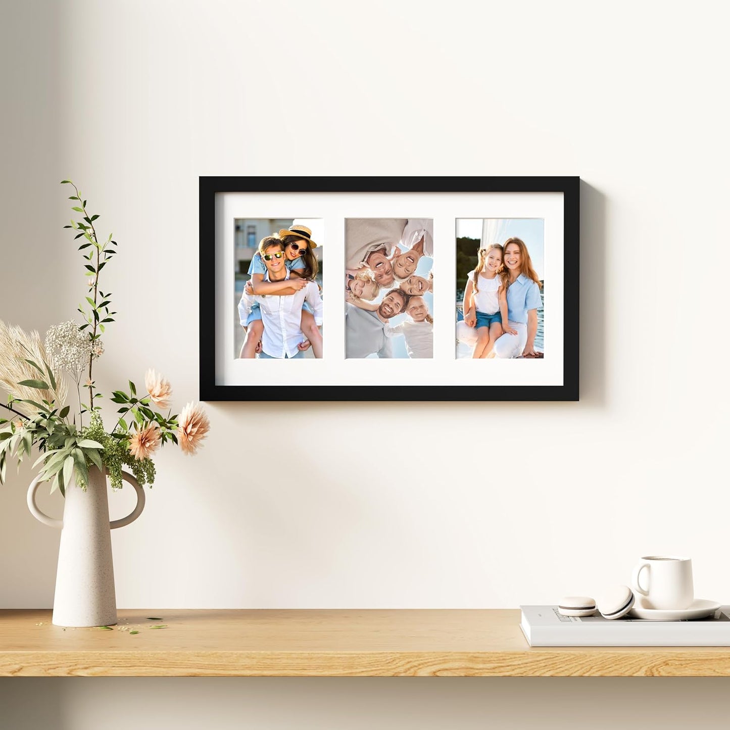 decorUhome 8x14 Picture Frames Collage Wall Decor, Display 3Pcs 4x6 Photos with Mat or 1Pcs 8x14 Unmatted, 3 4x6 Collage Picture Frames for Wall Mounting, Black