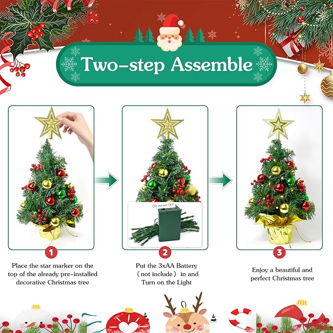 Tabletop Christmas Tree with LED String Lights,22In Pre-Decorated Mini Artificial Christmas Tree for Desktop,Star Treetop and Colored Oranments for Home Indoor Holiday Christmas Decoration-Red