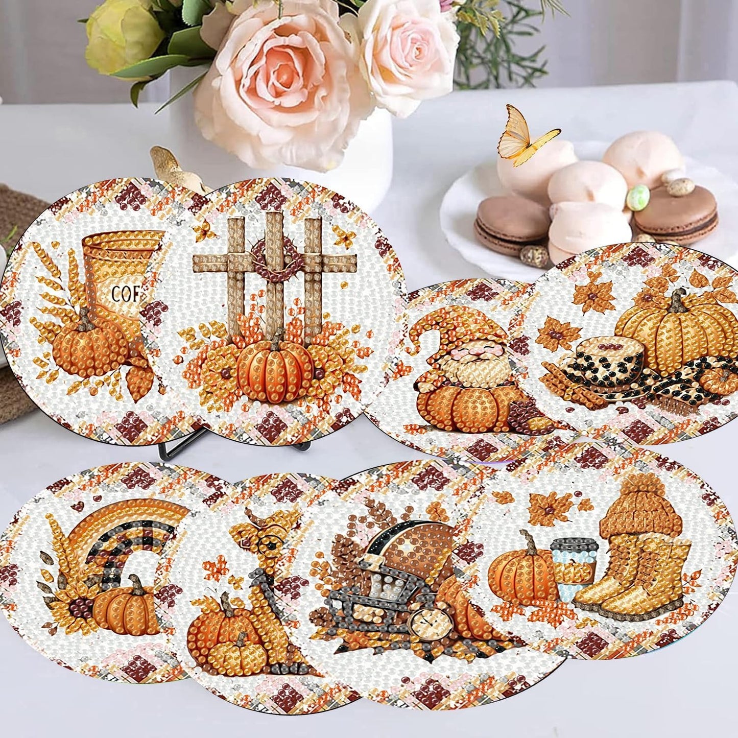 Meothan 8 Pcs Diamond Art Coasters Kits for Adults with Holder Cork Pads, Fall Diamond Dots Art Painting Coasters Crafts Kit for Home Office Decor (Autumn Theme)