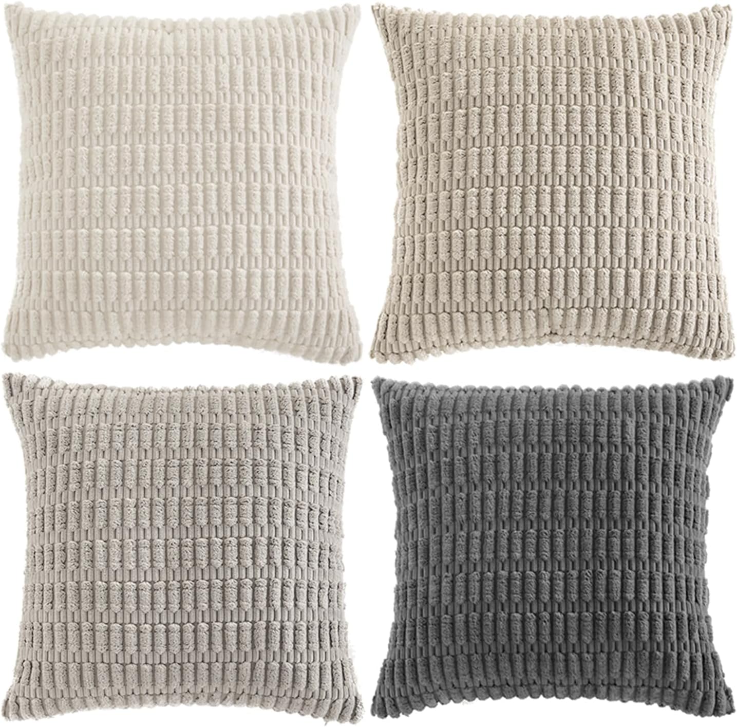 Fancy Homi Set of 4 Grey and White Decorative Throw Pillow Covers 14x14 Inch for Couch Bed Chair, Modern Farmhouse Boho Room Decor, Soft Fuzzy Double Sided Corduroy Textured Striped Cushion Case 35cm