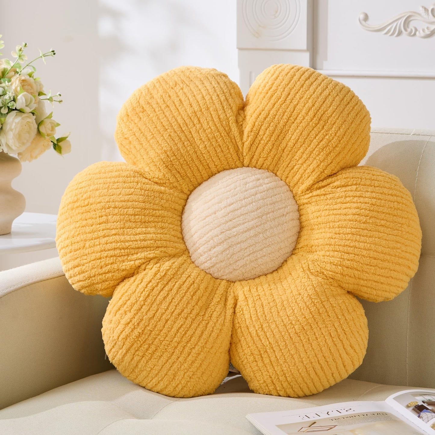 Daisy Shaped Throw Pillow - Yellow Flower Plush Cushion, 19.6" Decorative Seating