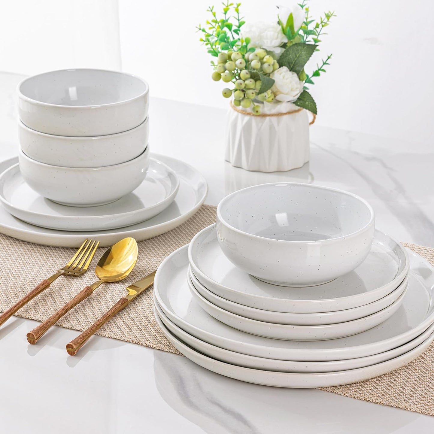 GBHOME Ceramic Dinnerware Set for 4, 12pcs Stoneware Plates and Bowls Sets, Handmade Chip and Scratch Resistant Dishes Set, Dishwasher & Microwave Safe