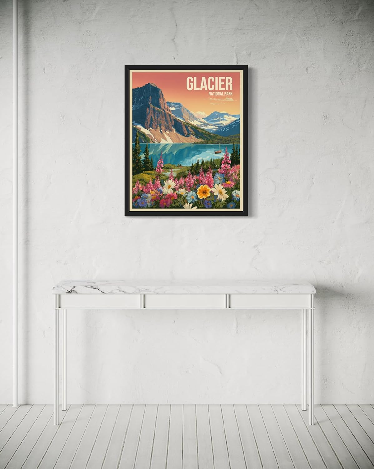 Glacier National Park Art Print Poster, Vintage Retro Pop Art Travel Wall Art Bedroom Bathroom Living Room Decor 185 (Glacier, 11 x 14 inches, Black Frame)