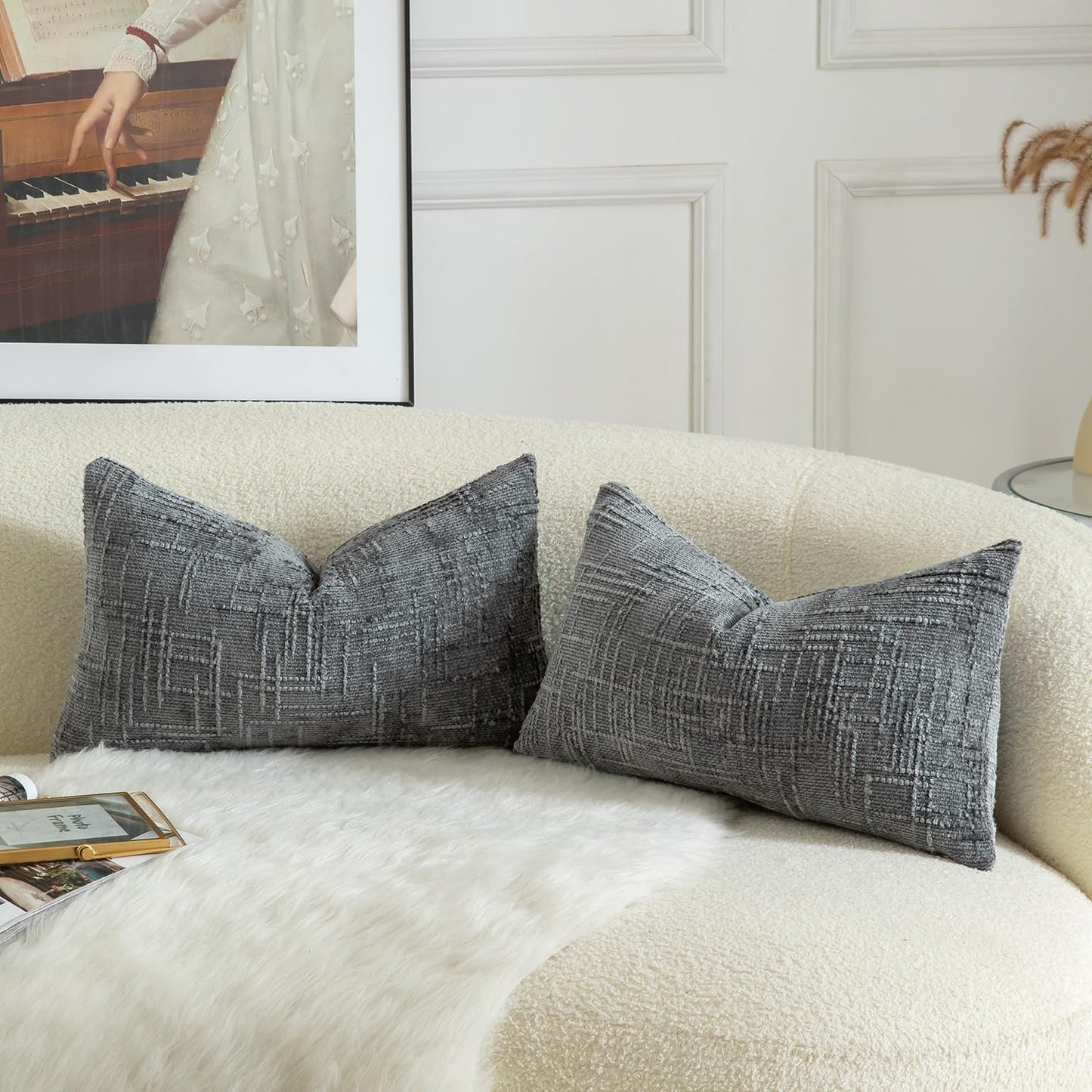 MANDIOO Pack of 2 Soft Chenille Textured Throw Pillow Covers Lumbar Accent Solid Decorative Cushion Cover Cozy Farmhouse Pillow Case for Couch Sofa Bed Living Room 12x20 Inch Dark Gray