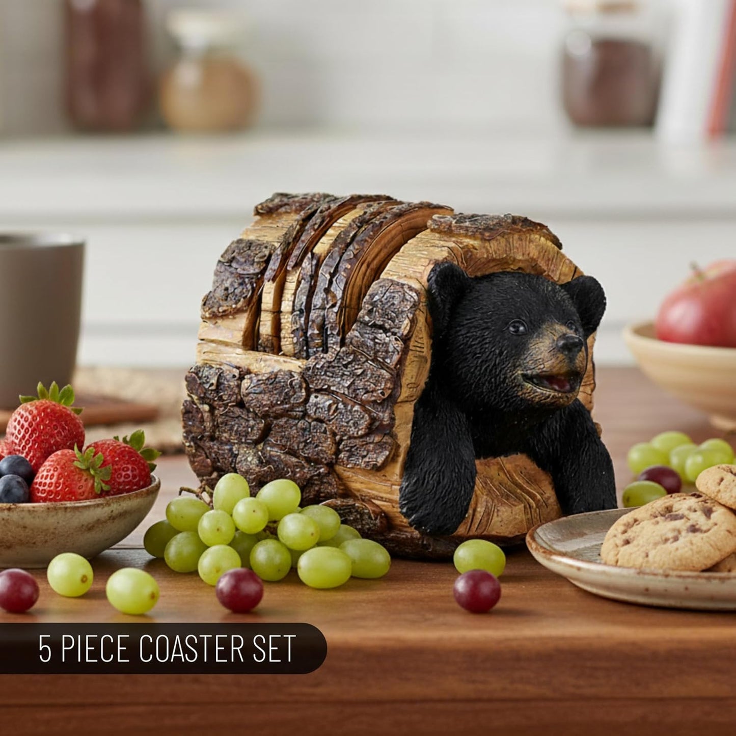 Black Bear Rustic Log Coaster Set - Drink Holders for Home Decor - Bear Print Cabin Coasters