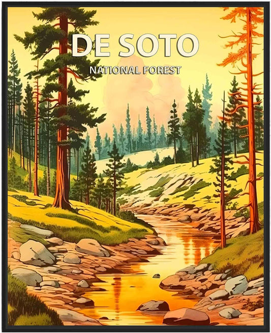 De Soto National Forest Poster Art Print Retro Mountain Wall Art Poster Vintage Decor Nature Recreation Wilderness Wildlife Decoration, Outdoor Adventure Scenic Beauty Artwork. (De Soto National