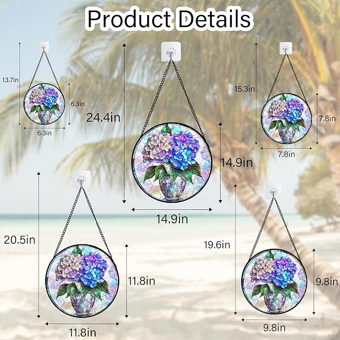 Stained Glass Window Hanging, Blue Purple Hydrangea Flowerpot Suncatcher for Doors Home Sun Catchers Decoration and Christmas, Mother's Day Birthday Gifts for Women, Men, and Mom 6.3x6.3 in