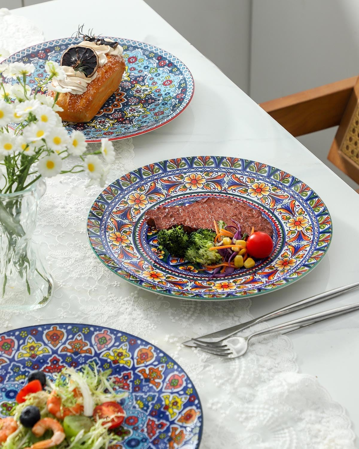 glowworm Dinner Plates, 10.5 Inch Ceramic Plates Set of 6 for Steak, Snacks, Pizza, Cake, Colorful Serving Dishes for Kitchen, Housewarming Gift, Microwave, Oven & Dishwasher Safe, Bohemian